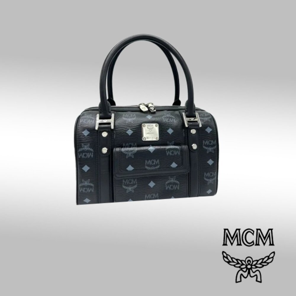 MCM Visetos Front Pocket Boston Bag – Black Leather with Silver-Tone Hardware